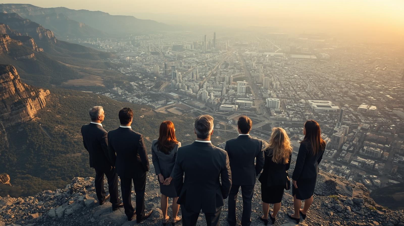 Professional team overlooking city